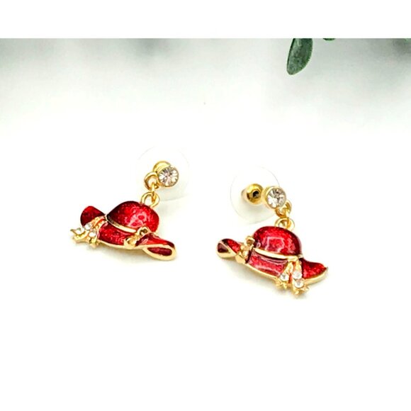 Red Hat Charm Earrings With Rhinestones & Gold Plating - Picture 3 of 4